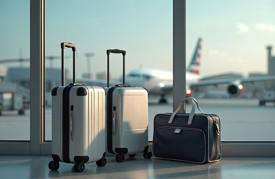 Fototapeta Two suitcases, travel bag near airport window. Airplane on background. Travel concept. Ready for departure, vacation, journey. Luggage at terminal. Transportation, adventure, flight. Tourist, holiday