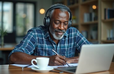 Senior black man wears headphones, listening music, studying, taking notes at home. Happy mature gentleman using tech, laptop, enjoying retirement, leisure. Remote work, online learning, modern