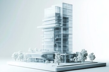 A minimalist architectural model showcases a tall glass building with surrounding trees, set against a clean white backdrop, emphasizing design elegance.