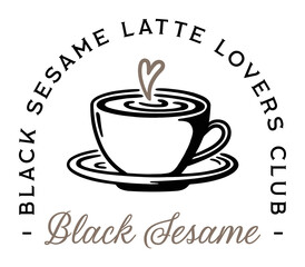 Black sesame latte lovers club coffee cup cute fancy aesthetic funny girls shirt design logo. Vintage retro girly fall season Japanese Korean hot comfort drink illustration print sticker clipart png.