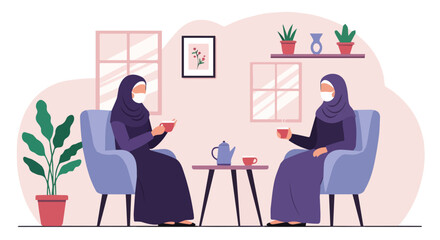 Muslim Women Having Tea Together in a Cozy Living Room