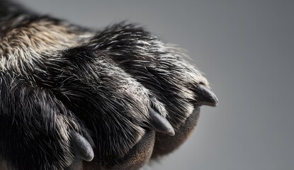 A close up view of a dog's paw showing the pads and claws in sharp 