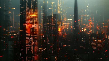 Exploration of financial data processing in a vibrant cityscape illuminated at dusk, financial data processing over cityscape - Powered by Adobe