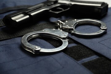 Handcuffs and gun on bulletproof vest, closeup. Police equipment