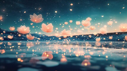 Translucent arcs of aquamarine and peach fireworks twirling upward