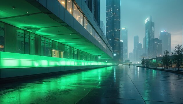 Futuristic cityscape at night with green LED lights illuminating modern architecture. Skyscrapers buildings reflecting in wet surface. Modern tech metropolis, urban scene, high-tech infrastructure,