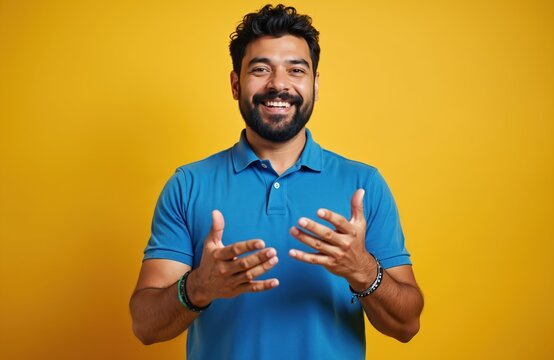 Smiling adult Latino man uses sign language for communication. Person with dark hair, beard in casual blue shirt. Deaf community representation, inclusivity, diversity, positive emotions. Background