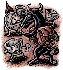 Obraz premium A bull wearing a backpack walks around in a china shop, the plates are worried.