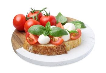 Tasty sandwich with mozzarella cheese, tomatoes and basil isolated on white