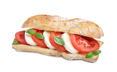 Tasty sandwich with mozzarella cheese, tomatoes and basil isolated on white