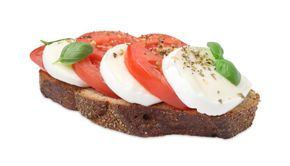 Tasty sandwich with mozzarella cheese, tomatoes, basil and spices isolated on white