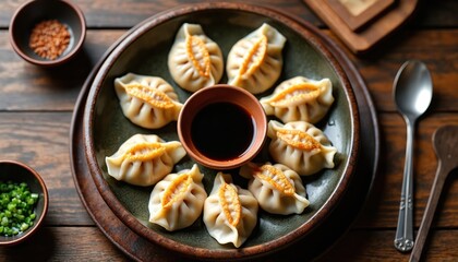 Delicious homemade gyoza dumplings served with soy sauce. Japanese dumplings, tasty meal on wooden table. Traditional Asian food, steamed or fried dumplings with fresh herbs. Cozy home dinner.
