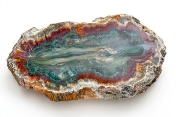 Polished rock sample exhibiting vibrant, layered patterns of green, red, and brown hues against a plain white background.