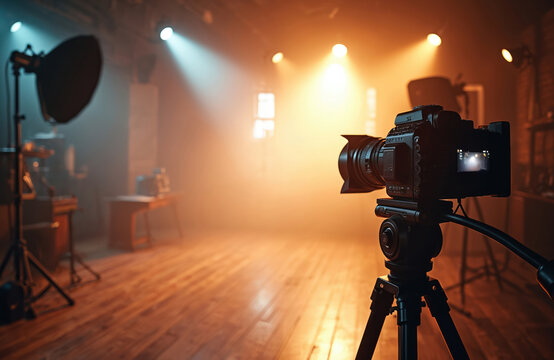 Pro video production studio with camera on tripod. Studio interior with equipment, light setup. Video shooting process with camera on background of bright studio lights. Commercials, media, filming.