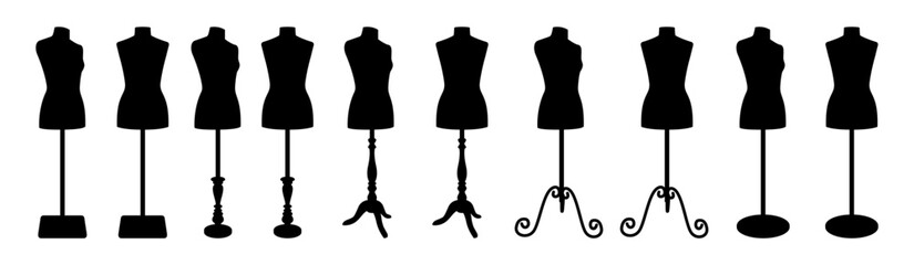 Set of black dressmaker mannequins with various stand designs. Silhouettes of tailor dummies for fashion, sewing, or boutique design on white background.