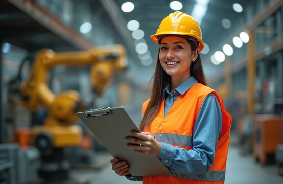 Smiling female automation engineer wearing safety vest, hard hat, holding clipboard in industrial factory. Woman professional technician at work. Robotics background. Engineering, modern industry.