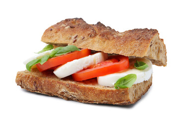 Tasty sandwich with mozzarella cheese, tomatoes and basil isolated on white