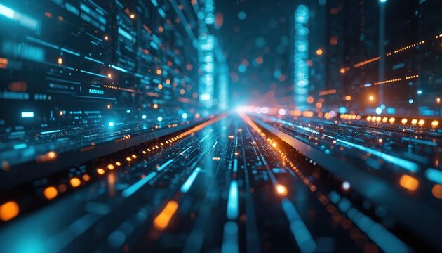 Abstract digital background with glowing lines. Bright particles showcase tech connectivity in futuristic data network environment. Cyber, information, modern, artificial intelligence. Innovation - Powered by Adobe