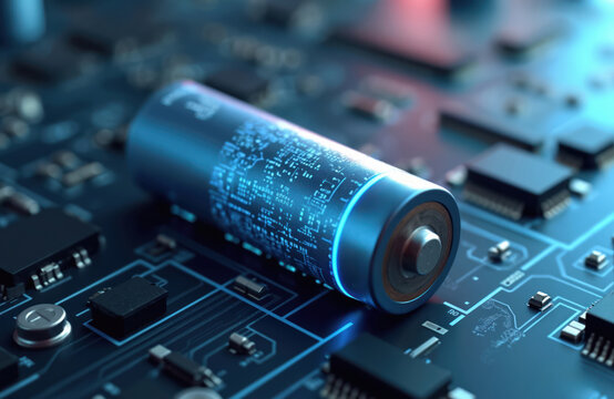 Lithium ion battery on circuit board. Electric energy storage component with glowing circuit-like pattern. Tech, future, power, charging concept. Battery for modern devices.