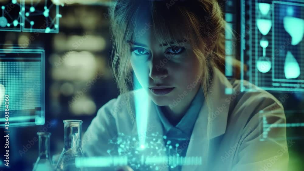 Aufkleber caucasian scientist analyzing data with chemical formulas in a laboratory setting at night, data pro