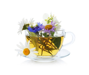 Aromatic herbal tea in glass cup and flowers isolated on white