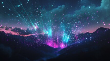 Vibrant bursts of teal and purple fireworks spreading outward like electric wings