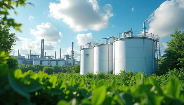 Industrial hydrogen production plant with white tanks set amongst green foliage under vibrant sky. Renewable energy, eco tech, sustainable environment, clean gas production. Modern infrastructure,
