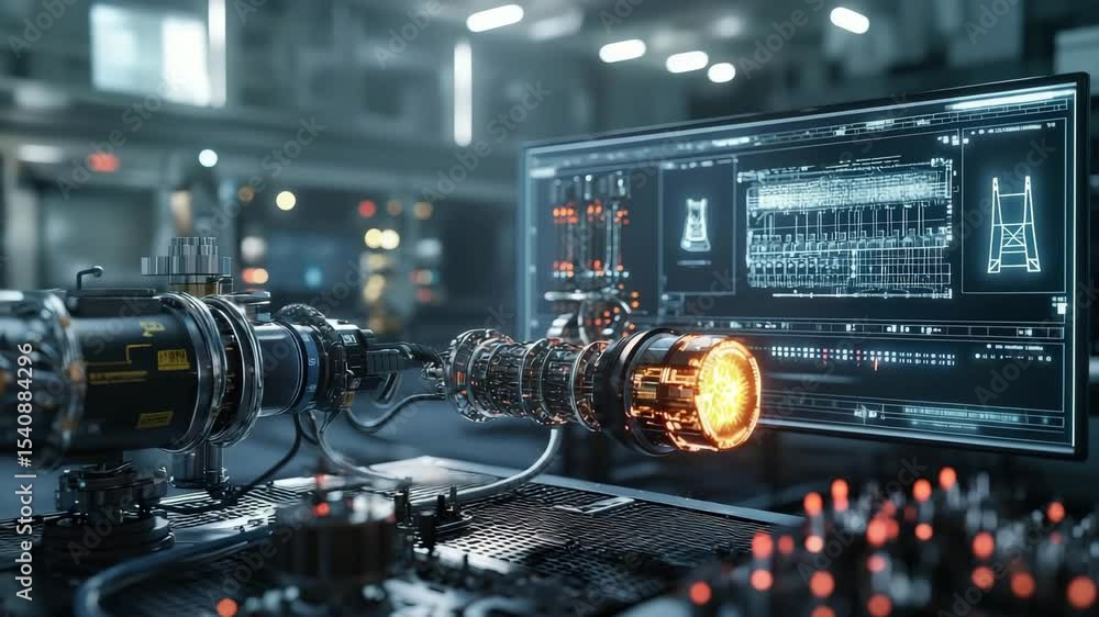 Poster a futuristic laboratory features an advanced, glowing energy device connected to high-tech monitors 