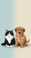 Pet adoption awareness layout – cute dog and cat illustrations, soft background tones, central message space for shelter info