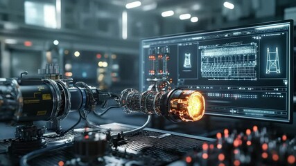 A futuristic laboratory features an advanced, glowing energy device connected to high-tech monitors displaying scientific blueprints.