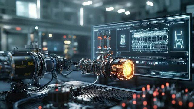A futuristic laboratory features an advanced, glowing energy device connected to high-tech monitors displaying scientific blueprints.