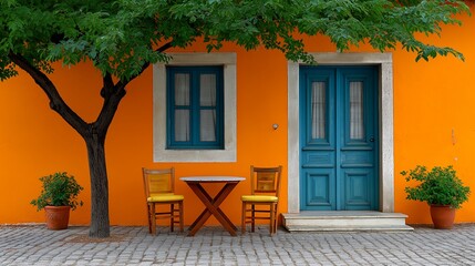 Fototapeta premium Orange Wall Creates Perfect Summer Scene Charming Turquoise Doors Invite Peaceful Relaxation