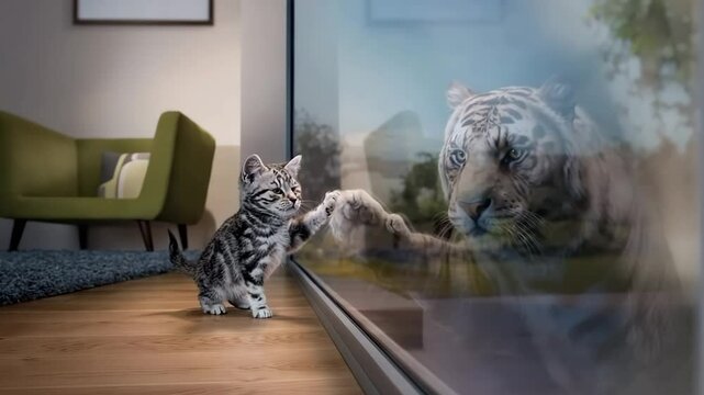 A curious kitten touches a glass window, seeing its reflection as a powerful tiger outside.