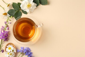 Aromatic herbal tea in glass cup and different flowers on beige background, flat lay. Space for text