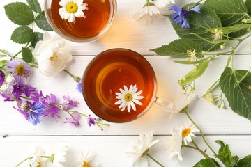 Aromatic herbal tea in glass cups, different flowers and green leaves on white wooden table, flat...