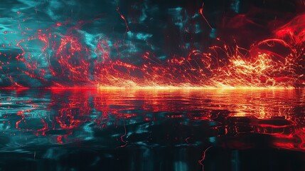 Vibrant streams of fire-red and aqua-hued fireworks pulsing synchronously in rhythmic line patterns