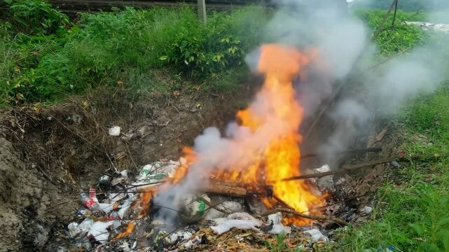 Garbage including plastic and other waste is burning in a pit outdoors, producing flames and smoke in a green area.