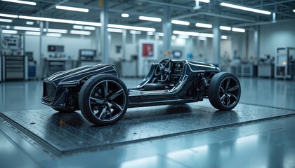 Electric car chassis at research development factory. Innovative automobile design, new tech. Modern vehicle prototype, futuristic design, engineering, production. Green auto transport, automotive