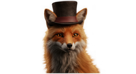 Red fox wearing a top hat isolated on transparent background
