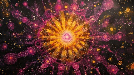 Vibrant yellow and pink firework bursts radiating outward like supernovae