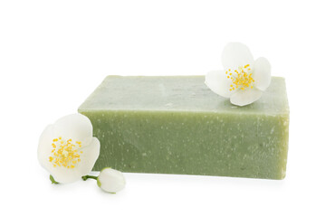 Soap bar and jasmine flowers isolated on white