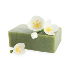 Soap bar and jasmine flowers isolated on white