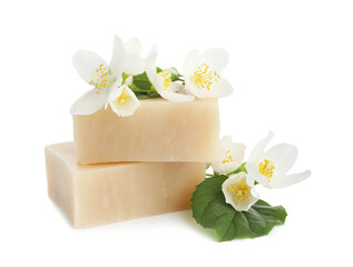 Soap bars and jasmine flowers isolated on white