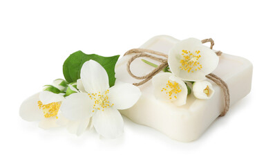 Soap bar and jasmine flowers isolated on white