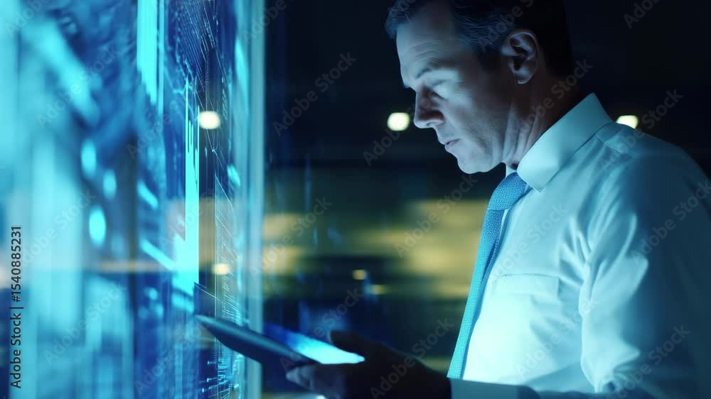 Poster caucasian businessman analyzing data and diagrams in a modern, illuminated environment, data process