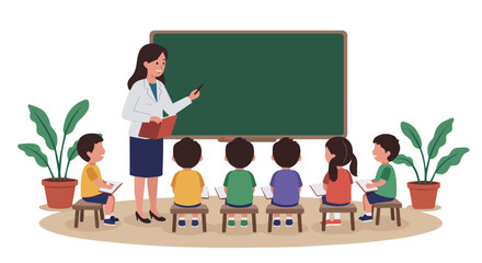 Teacher Teaching Students in Classroom with Green Chalkboard