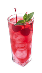 Tasty cherry soda water with ice cubes, berries and mint isolated on white