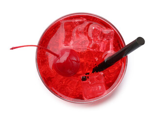 Tasty cherry soda water with ice cubes and berry isolated on white, top view