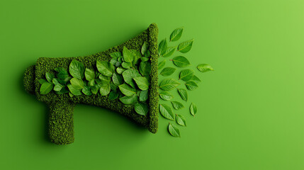 Green Transformation Message Concept with Leaf-Shaped Megaphone Icon Promoting Eco-Friendly Product Announcements and Sustainable Innovation in Environmental Communication Campaigns