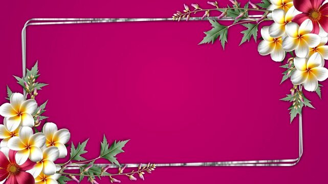 Elegant floral frame with white plumeria and red flowers on a vibrant magenta background with a silver border, perfect for invitations or decorative backdrops.